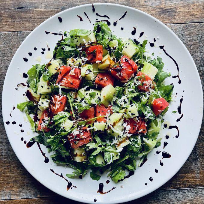 Watermelon, cucumber and arugula salad with balsamic